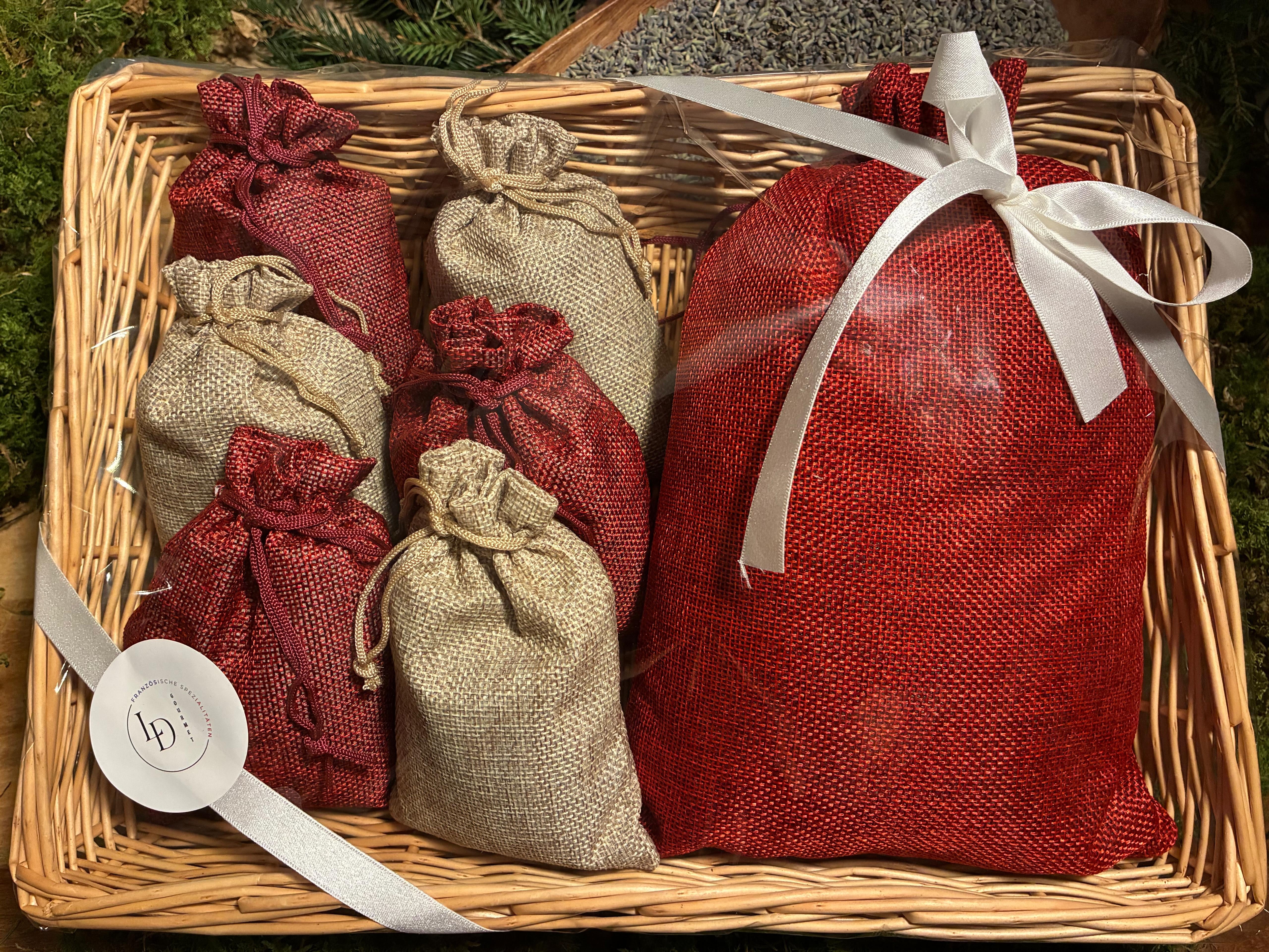 Großer Lavendelkorb Provence „Rouge & Naturel“ – 1× 200 g + 6× 30 g (Rot & Beige)